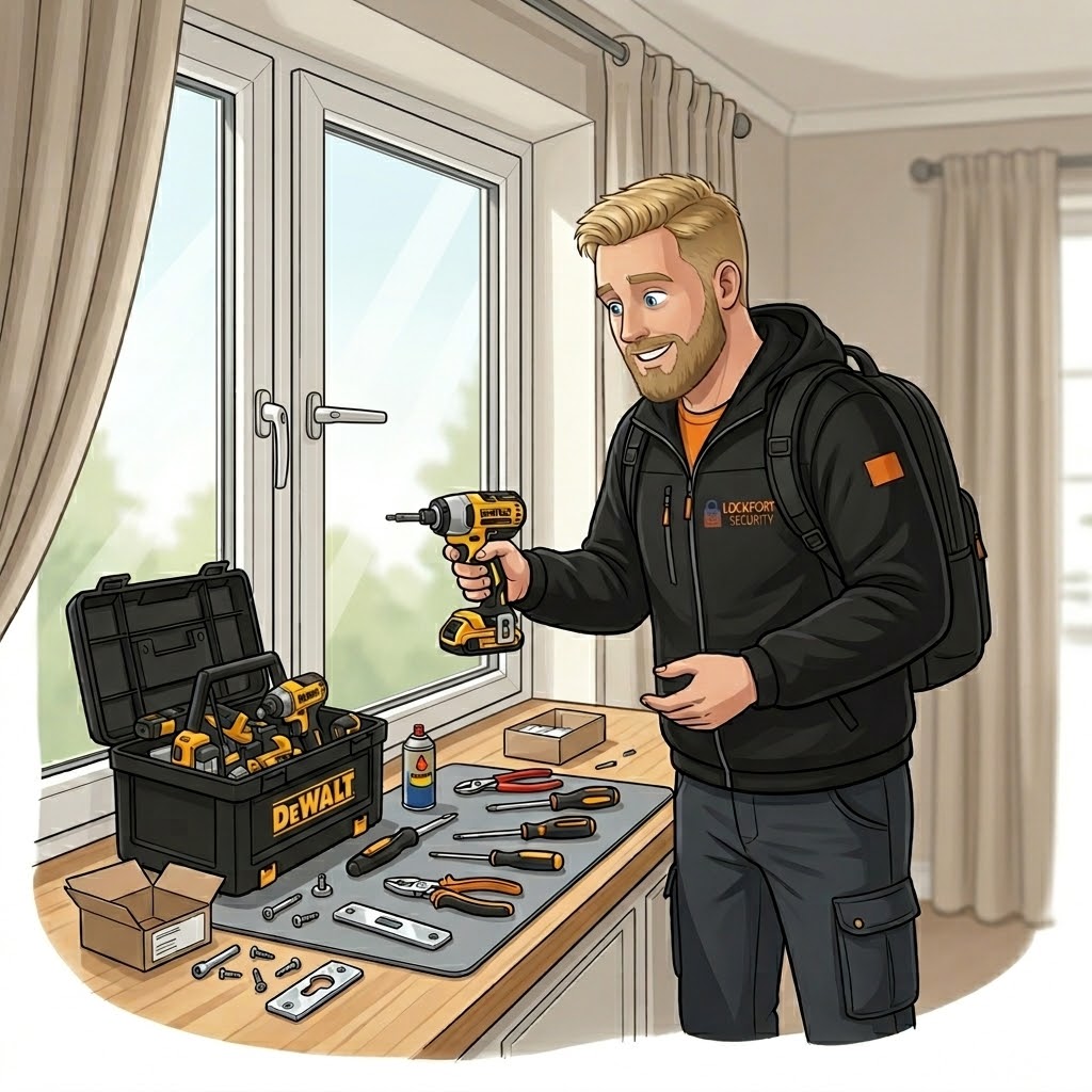 A illustration of Tom the Locksmith repairing a UPVC window in Newton-le-Willows